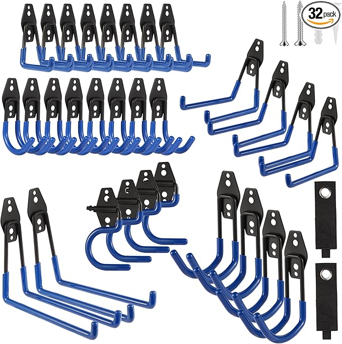 Garage Hook Heavy Duty Wall Storage Hangers, 32 Pack Garage Storage Hooks Steel Tool Blue for Ladders, Ropes, Garden Tools-NeatNest