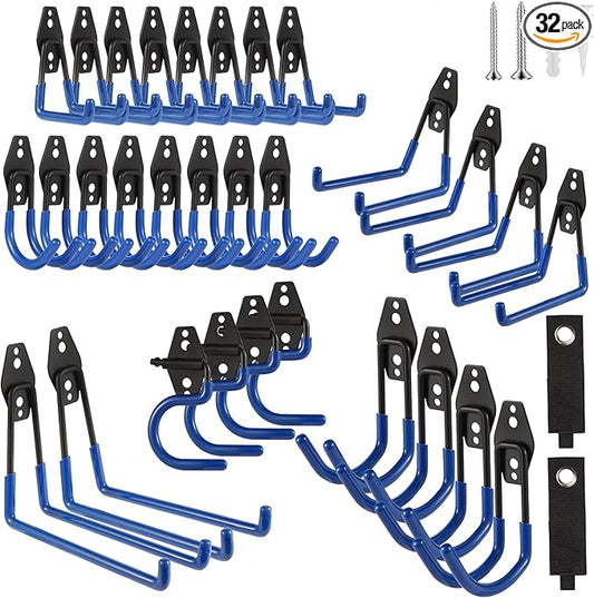 Garage Hook Heavy Duty Wall Storage Hangers, 32 Pack Garage Storage Hooks Steel Tool Blue for Ladders, Ropes, Garden Tools-NeatNest