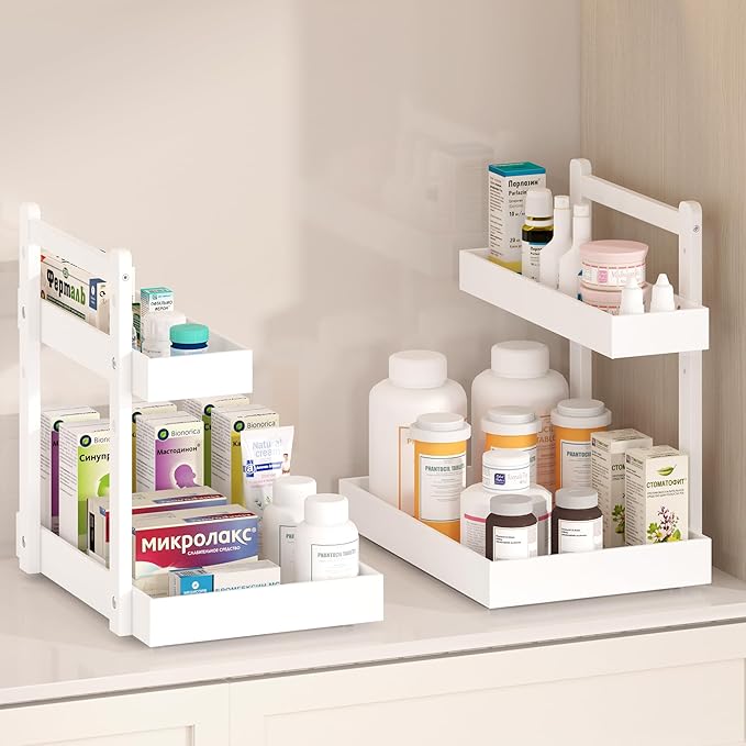 Under Sink Organizer - 1-Tier Pull Out Cabinet Organizer Vertical Slide Out Sink Shelf Storage Shelves for Multi-Purpose Bath Kitchen Bathroom Medicine (White, 1 Pack)-NeatNest