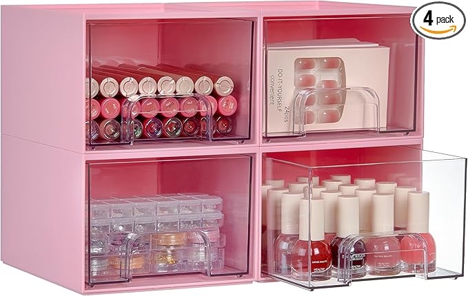 Vtopmart 4Pack Stackable Storage Drawers, 4.4'' Tall Bathroom Makeup Organizer,Plastic Storage Bins For Vanity, Undersink, Kitchen Cabinet, Pantry, Home Organization(Pink)-NeatNest
