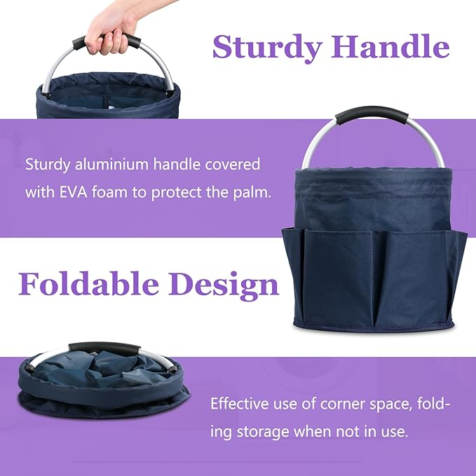 17L Cleaning Caddy with Handle, Portable Shower Caddy in 600D Oxford Fabric, Bucket Tool Organizer with 6 Side Pockets, Collapsible Storage Basket for Cleaning, Camping, Navy Blue-NeatNest