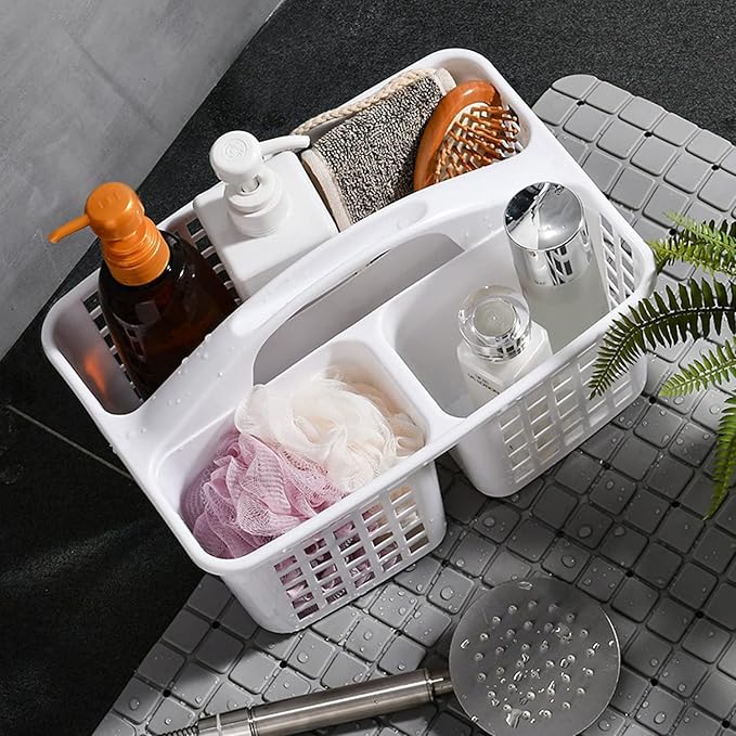 3 Compartments Plastic Shower Caddy Basket, Portable Divided Cleaning Supply Storage Organizer with Handle (White)-NeatNest