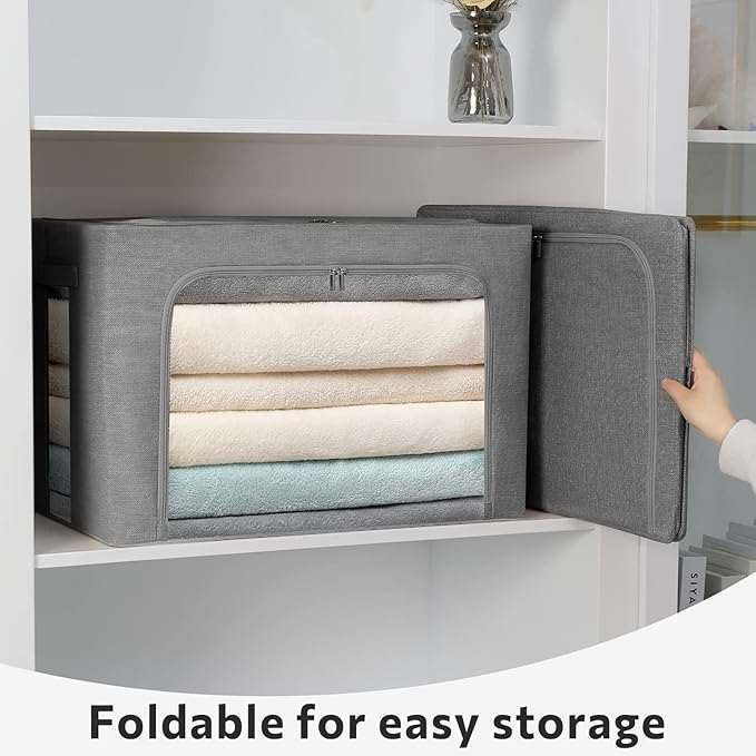 2 Pack Clear Window Storage Bins Foldable Fabric Storage Bins Boxes for Clothes Stackable Box Organizer Set with Carrying Handles (Gray,22L, 15.7x 11.8x 7.8 Inch)-NeatNest