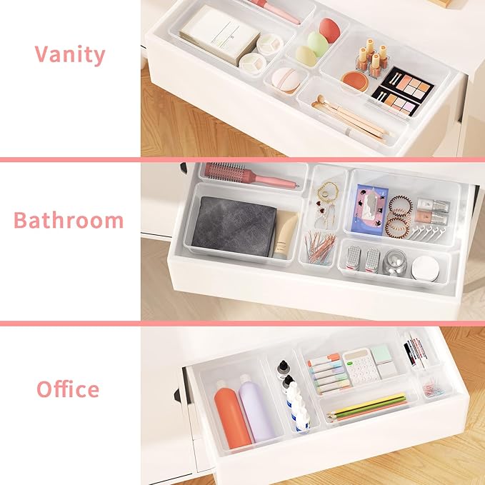 25 PCS Plastic Drawer Organizer Set, 4-size Clear Bathroom and Vanity Desk Drawer Organizer Trays, Non-Slip Versatile Storage Bins for Makeup Jewelry Office Kitchen Gadgets-NeatNest