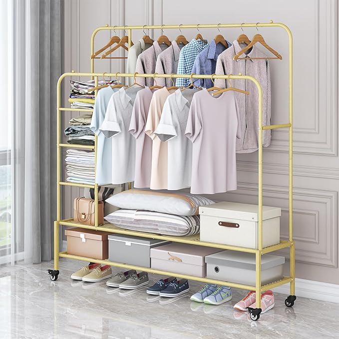 Garment Rack for Hanging Clothes Rack Heavy Duty Portable with Bottom Metal Shelf Drying Coats Shirt,Black (Gold+Double Rods+Shelf)-NeatNest