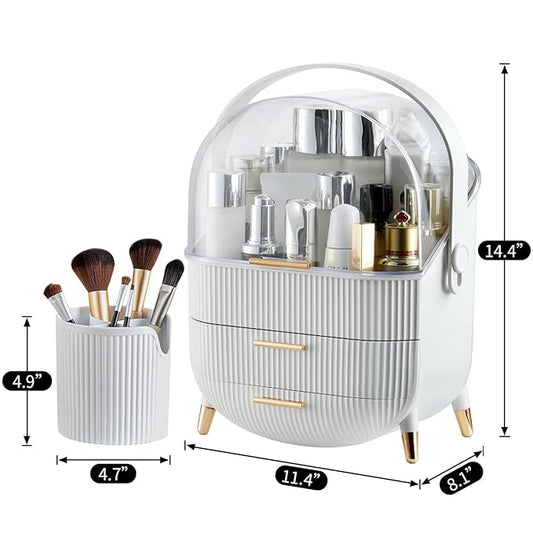 CANITORON Makeup Organizer,Skincare Organizer with 2 Drawers and Brush Storage Box,Cosmetic Display Case for Vanity Organizer and Bathroom Countertop Storage.(White)-NeatNest