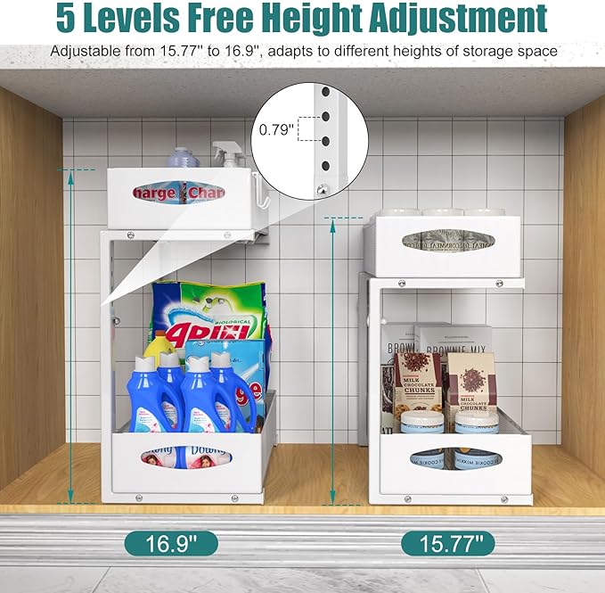 Under Sink Organizer, 2 Tier Metal Pull Out Under Sink Storage with Sliding Mesh Drawers, Height Adjustable Slide Out Under Sink Organizer for Kitchen Bathroom Cabinet, 2 Pack, White-NeatNest