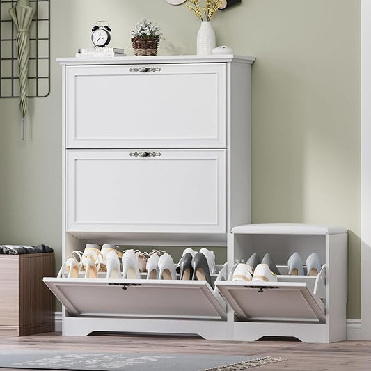 Entryway Shoe Cabinet with Bench, Hidden Storage and Adjustable Shelves, Wooden Shoe Rack and Organizer for Hallway, Mudroom, Closet, Small Apartment