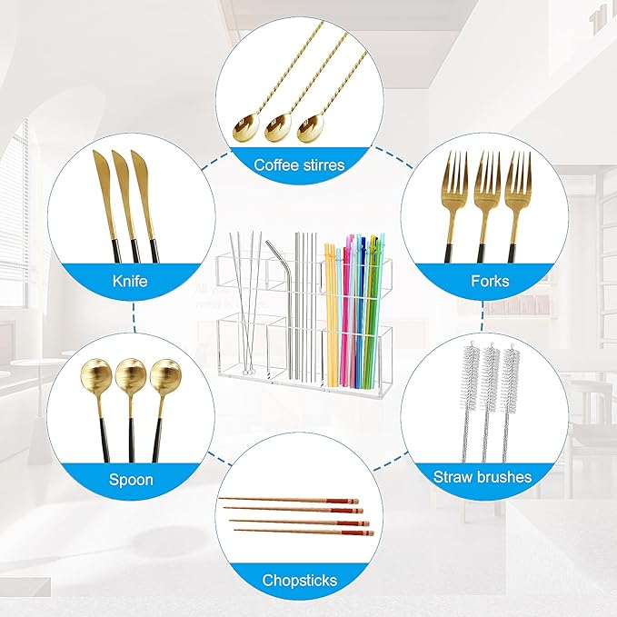 2 Pack Acrylic Straw Holder for Cabinet Door, 6" Clear Cabinet Straw Organizer with Double Sided Adhesive Tape and Sticker,Reusable Tumbler Organizer Storage for Kitchen Counter Cupboard