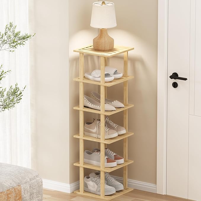 6-Tier Bamboo Shoe Rack - Vertical Shoe Rack for Small Spaces, Tall Narrow Shoe Rack Organizer for Closet Entryway Corner Garage and Bedroom,Free Stackable DIY，Primary Colours-NeatNest
