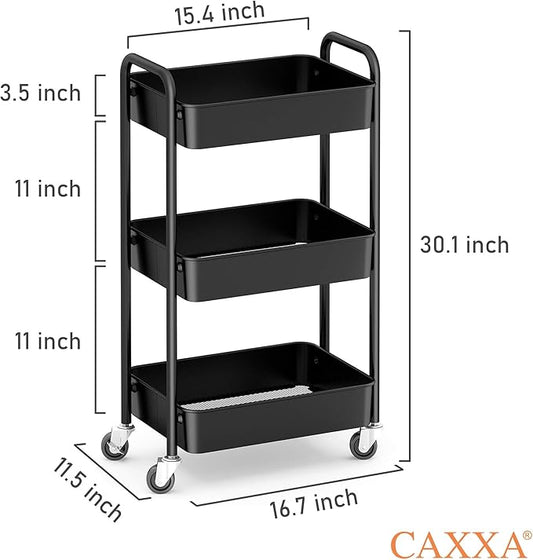 CAXXA 3-Tier Rolling Metal Storage Organizer - Mobile Utility Cart, Kitchen Cart with Caster Wheels (Black)-NeatNest