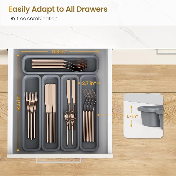 5 Pack Silicone Drawer Organizer for Kitchen, DIY Free Combination Silverware Organizer, Utensil Drawer Organizer, Moisture-proof and Heat-resistant up to 200°C, Anti-slip and Environmentally (Grey)-NeatNest