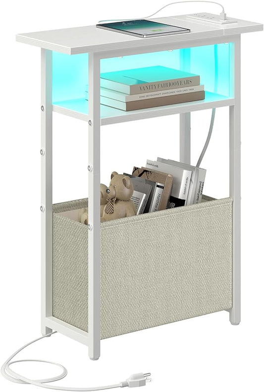 Narrow Side Table with Charging Station, LED End Table for Small Spaces, Skinny White Nightstands with Storage Basket, 3 Tier Sofa Bedside Tables for Living Room,Bedroom, White