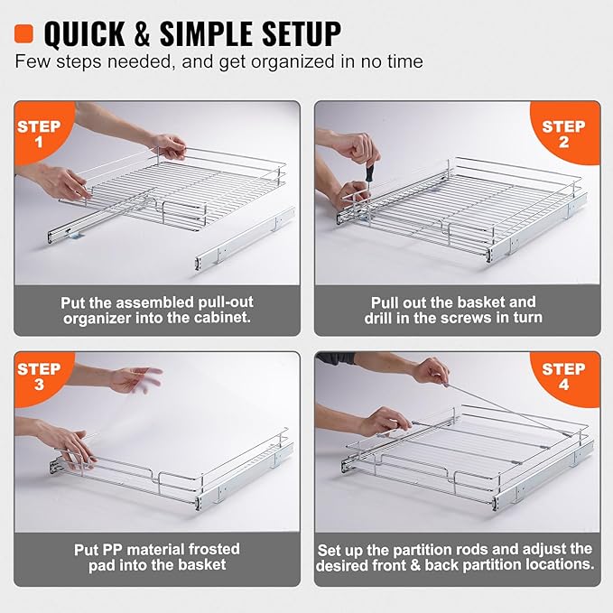 VEVOR 18.5"Wx21"Dx3.5"H Pull Out Cabinet Organizer, Heavy Duty Slide Out Pantry Shelves, Chrome-Plated Steel Roll Out Drawer, Drawer Storage for Home Under Sink, 20"Wx22"Dx7"H Install Size for Cabinet-NeatNest