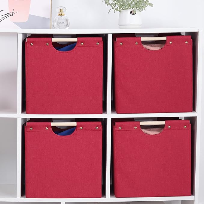 HOONEX Large Collapsible Storage Bins, Linen Fabric, Pack of 2, Storage Baskets with Wooden Carry Handles and Sturdy Heavy Cardboard, for Home, Office, Car, Nursery, Red