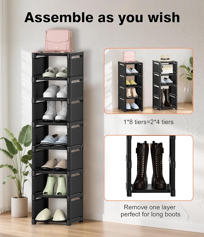 8-Tier Shoe Rack Organizer,Vertical Narrow Space Saving Storage Metal Free Standing Corner Shelf for Closet Entryway Bedroom Garage-NeatNest
