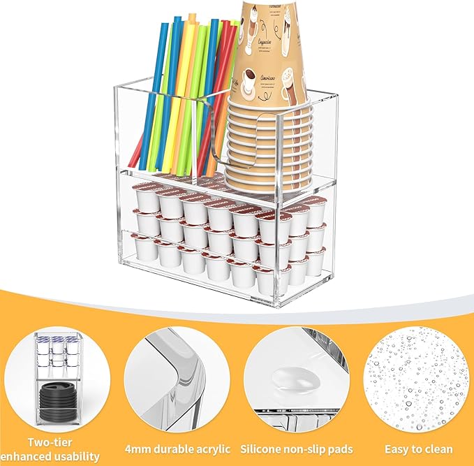 Coffee Condiment and Cup Organizer - 2-Tier Upright Cup and Lid Holder with Straw Organizer 3 Compartments Clear Acrylic Cup Dispenser for Restaurant Breakroom Coffee Station Countertop-NeatNest