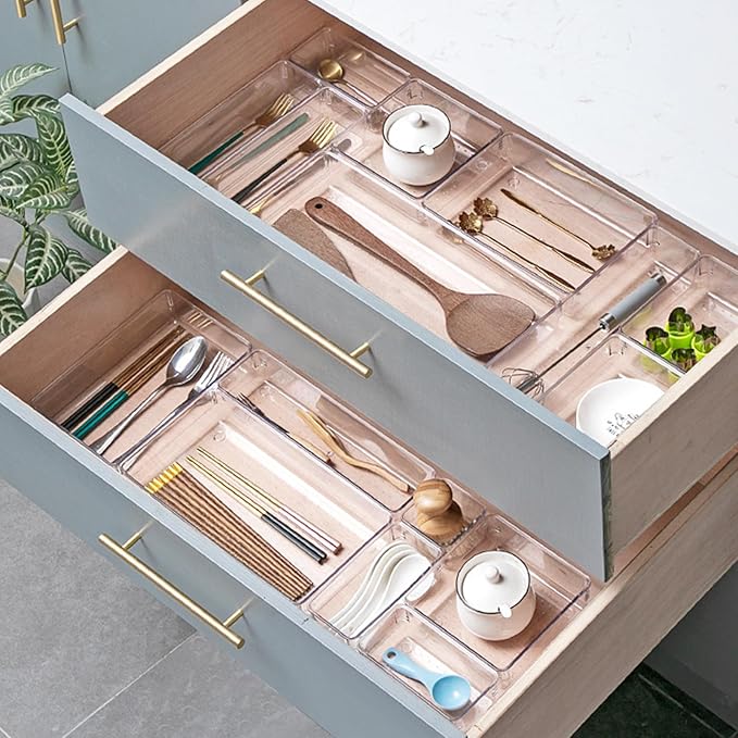 8 Pack Clear Drawer Organizer, 4 Sizes Organization and Storage Trays, Drawer Organizer Bins for Kitchen, Vanity, Bathroom, Office-NeatNest