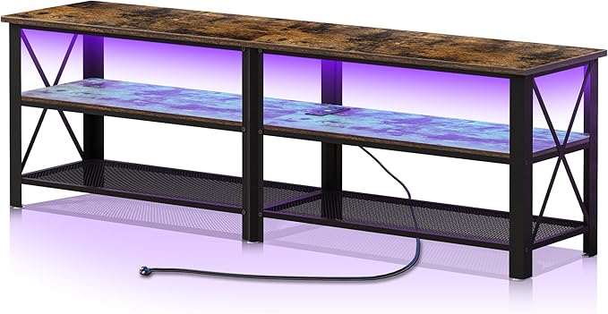 Clikuutory Modern Brown 63 inch Metal TV Stand with LED Lights and Power Outlets for 40 50 55 60 65 70 Inch TVs, 3 Tier Television Stands with Entertainment Center and Storage for Living Room, Bedroom-NeatNest