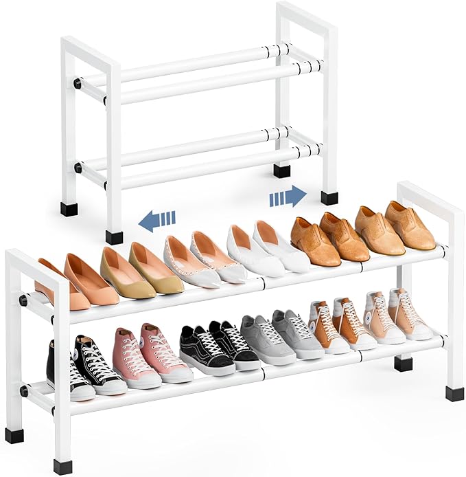 Mavivegue Expandable Shoe Rack, 2-Tier 19"-43.3" Adjustable Shoe Rack for Closet,Hall Entryway,Front Door,Garage, Sturdy Steel Space-Saving Rack, White-NeatNest