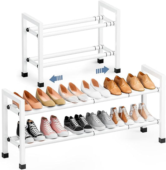 Mavivegue Expandable Shoe Rack, 2-Tier 19"-43.3" Adjustable Shoe Rack for Closet,Hall Entryway,Front Door,Garage, Sturdy Steel Space-Saving Rack, White-NeatNest