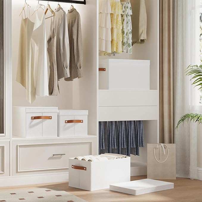 Fabric Storage Bins, Clothes Boxes for Shelves with Lids, Baskets for Organizing with Handles, Decorative Linen Closet Organizers, White, 3 Pack, 15 x 9.8 x 8.3 Inch-NeatNest