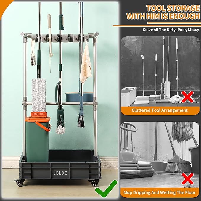 Broom mop Holder Cleaning Supplies Organizer Janitor carts on Wheels Housekeeping Station Storage Tools for Garage, Garden, Closet, Cabinet-NeatNest