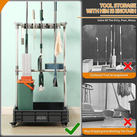Broom mop Holder Cleaning Supplies Organizer Janitor carts on Wheels Housekeeping Station Storage Tools for Garage, Garden, Closet, Cabinet-NeatNest