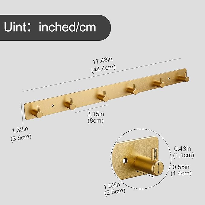 Gold Wall Hooks, Brushed Gold Bathroom Hook Rail, Self Adhesive 6 Hooks Key Hook Rack Hanger Towel Robe Stick Hooks for Toilet Entryway Hallway Kitchen Wall Mounted