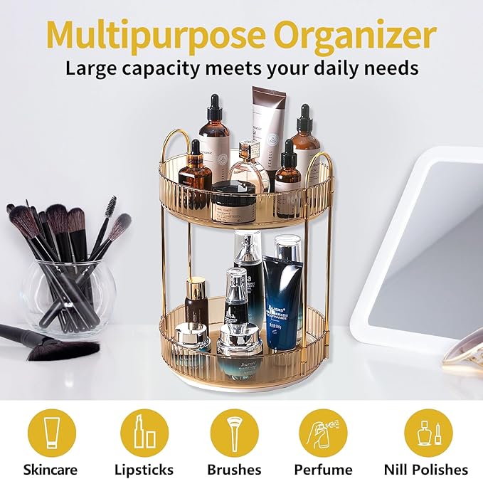 360 Rotating Gold Makeup Organizer,2 Tier Large Capacity Rotating Makeup Organizer,SkincarePerfume Organizer,Bathroom Cosmetics Storage Organizer Countertop (Gold-2 Tier)-NeatNest