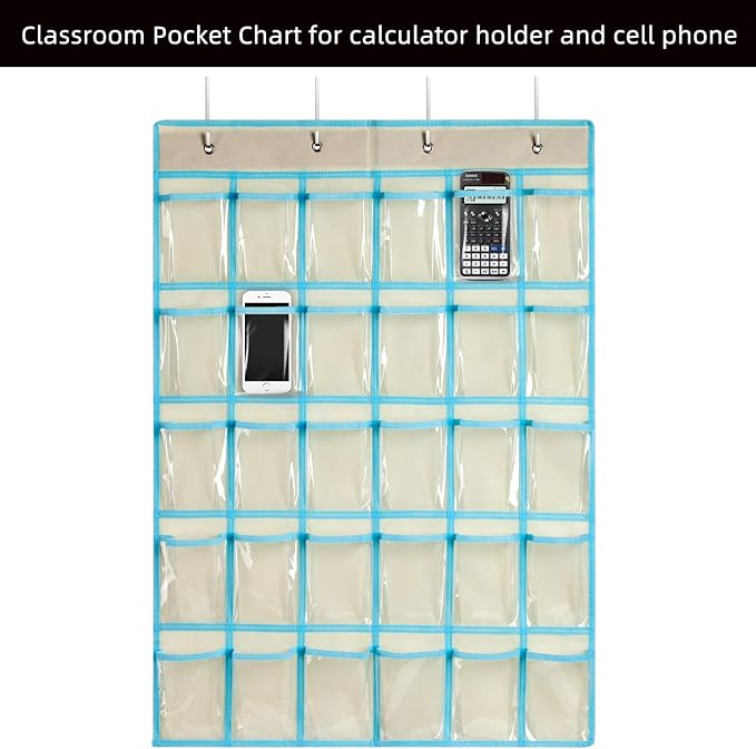 KEEPJOY Classroom Pocket Charts for Cell Phone Calculator Holders, Pocket Organizer for Cell phone Jail with 30 Clear Pockets chart Size 33.5 x 24.5 Inch Classroom Pocket Storage (Beige-30pockets)-NeatNest