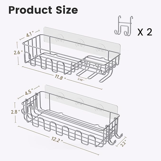 Adhesive Shower Caddy: 2 Bonus Hooks, 4-Pack Wall Mounted Bathroom Storage Shelf, Rustproof Metal Basket Organizer for Kitchen & Bathroom No Drill Grey