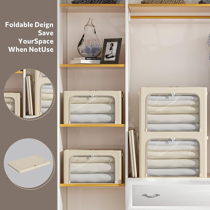 4 Pack Clothes Storage Bins - Oxford Fabric Metal Frame Storage Box - Foldable Stackable Container Organizer Set with Clear Window & Carry Handles & Zippers (Beige, 19.7"x15.7"*13")-NeatNest
