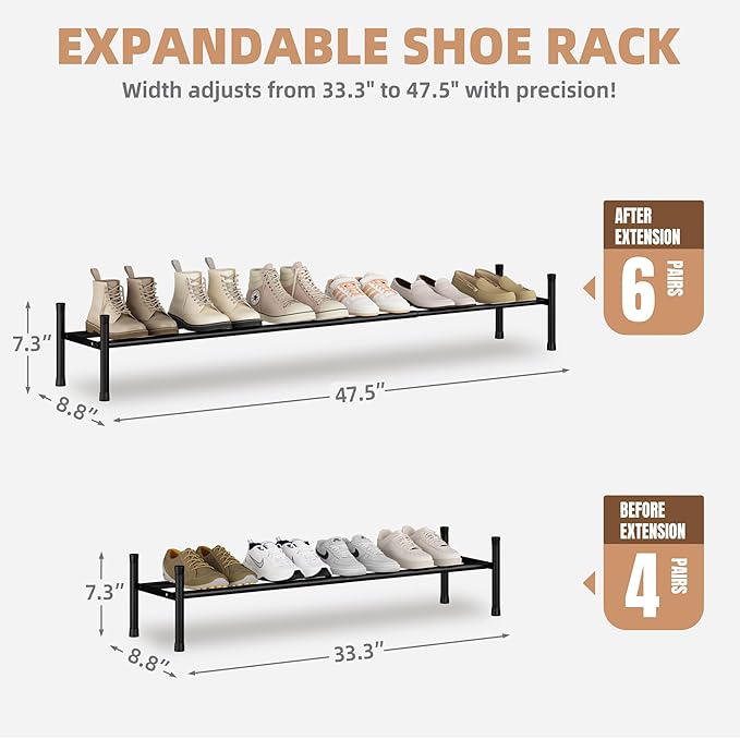 STORAGE MANIAC Long Expandable Shoe Rack, 6 Pairs Metal Wide Stackable Shoe Rack, Adjustable Shoes Shelf, Freestanding Shoes Organizer for Closet, Entryway, Hallway, Garage, Front Door, 1 Tier-NeatNest