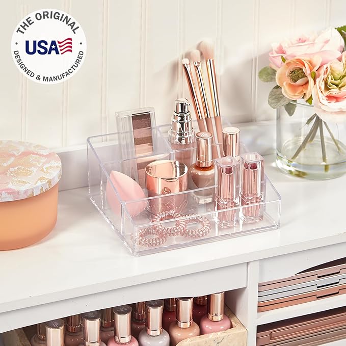 STORi Clear Plastic Small Countertop Vanity Makeup Organizer, Compact Rectangular 4-Compartment Holder for Brushes, Eyeshadow Palettes, & Beauty Supplies, Made in USA-NeatNest