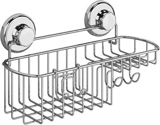 HASKO Shower Caddy Suction Cup, Shower Shelf with Soap Dish and Hooks Organizer, Suction Bathroom Shelf for Storage, Wall Mounted Basket, Silver