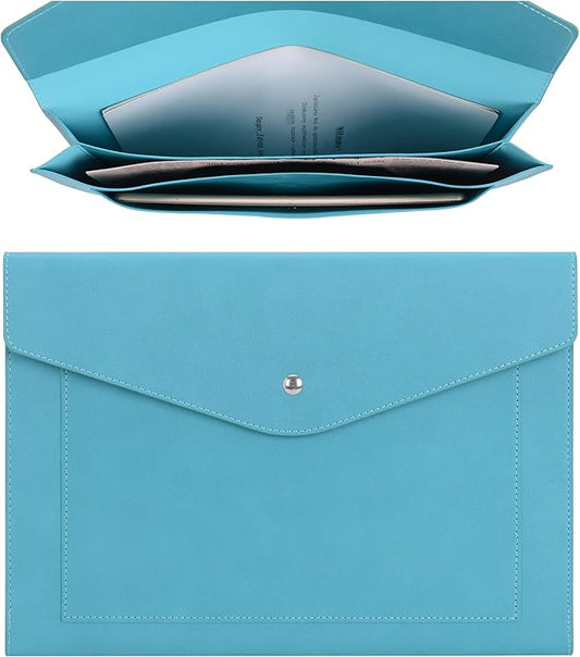 Wason Expanding A4 Document File PU Leather Envelope Case Holder-Large Size Pockets for Paper Bills Stationery Tablet and PC, Work Study Traveling (Cyan)