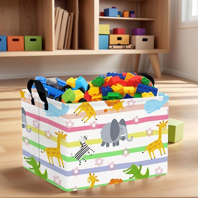 Cute Rectangle Woodland Animal Baby Girl Basket Nursery Playroom Bedroom Decor Clothes Toy Basket (Colorful Animals)-NeatNest