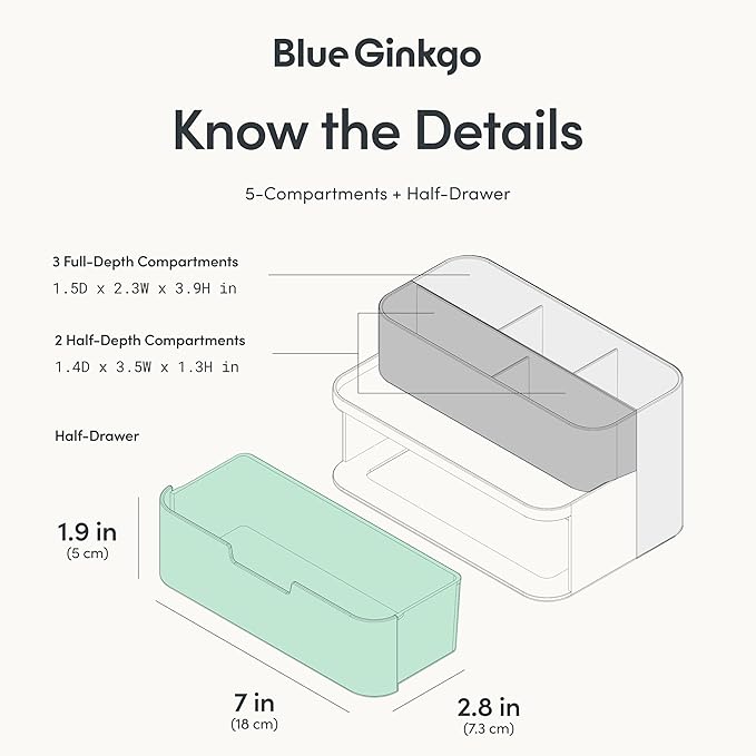 BLUE GINKGO Compact Desk Organizer – Small 5-Compartment, Half Drawer Storage – Pen Holder, Stationery Organizer for Desktop, Vanity, Shelf (Made in Korea, Blue)-NeatNest