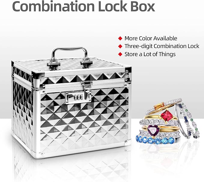 Medication Combination Lock Boxes with Code for Personal Items, Medicine Lockbox for Documents 10 x 7.25 x 7.75 Inches Plaid Silver