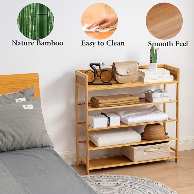Bamboo Shoe Rack Organizer, 5 Tier Shoe Shelf Storage Organizer, for Entryway, Hallway, and Closet (Nature-31.5)-NeatNest