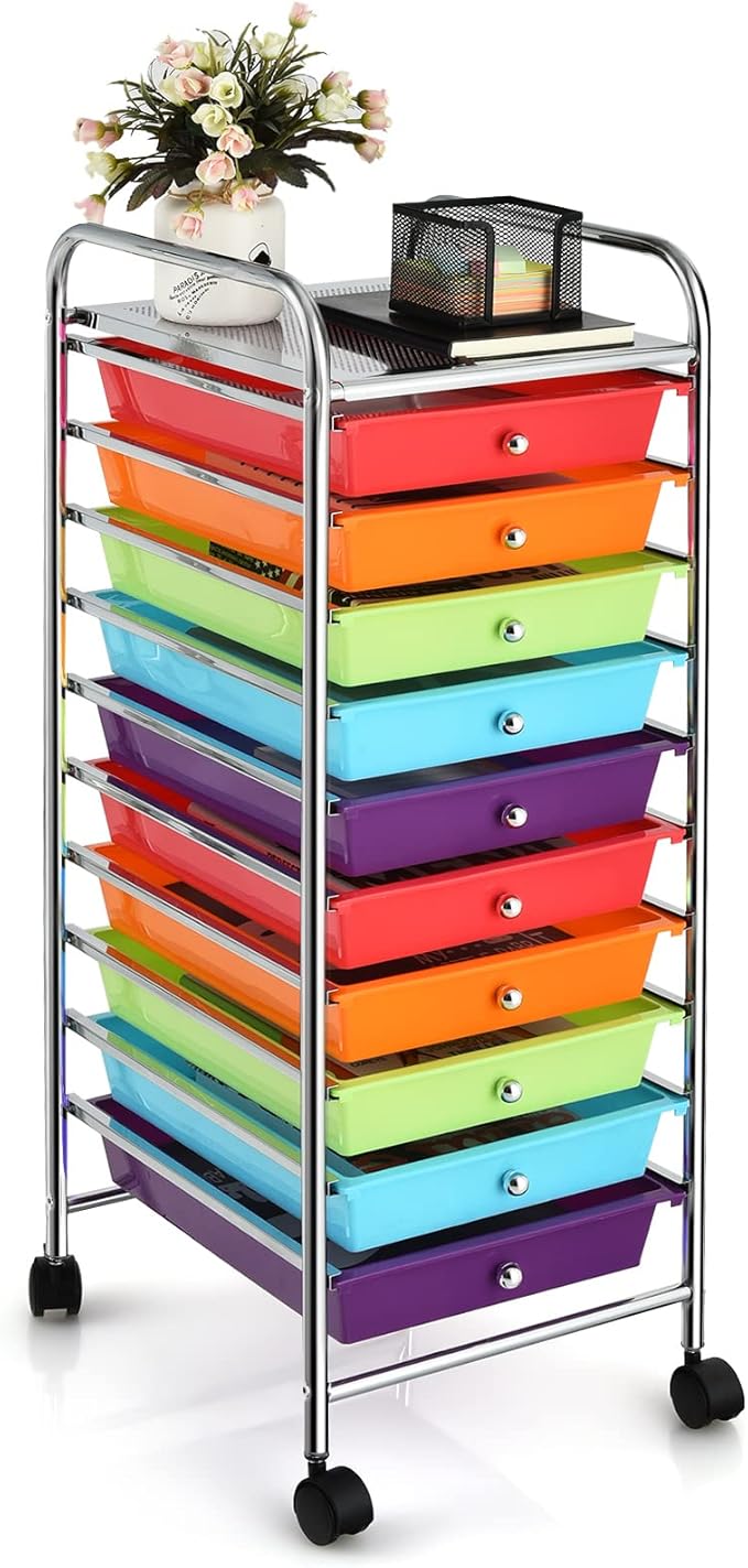 COSTWAY 10-Drawer Rolling Storage Cart, Utility Mobile Trolley with Removable Drawers & Universal Casters & 2 Brakes, Versatile Flexible Drawer Organizer Cart for Home, Office (Multi-Colored)-NeatNest