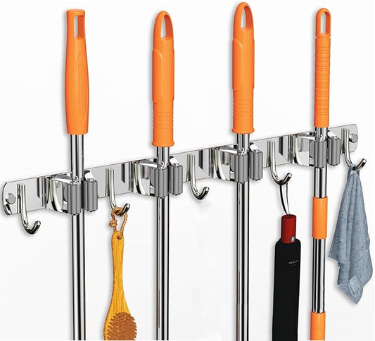 Mop and Broom Holder Wall Mount, Upgraded Broom Organizer Wall Mount, Stainless Steel Broom Hanger Wall Mount for Home Kitchen Garden Laundry Garage (4 Racks with 5 Hooks Silver)-NeatNest