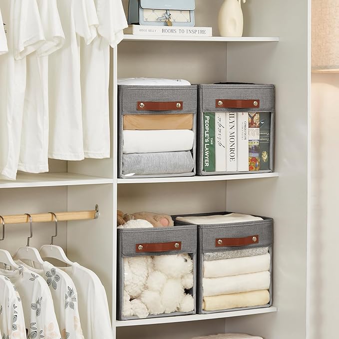 Storage Cube Organizer with Clear Window, Linen Collapsible Storage Boxes with PU Handles, Cube Storage Bins for Shelf, Closet, Cabinet, Bookcase (10.5x10.5x11, Gray)-NeatNest