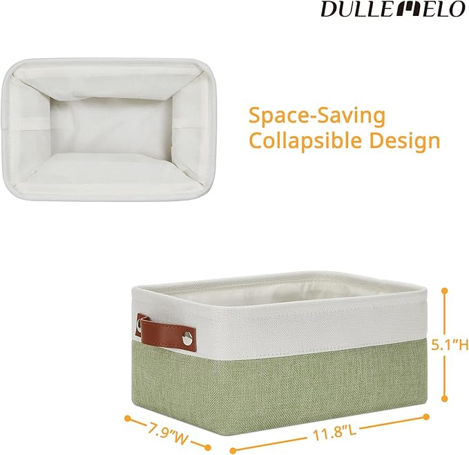 DULLEMELO Small Storage Basket, Fabric Collapsible Gift Storage Basket for Shelves, Closets, Nursery, Home, Office Organizing, Small Canvas Linen Rectangular Storage Bin with Handles (White&Green)-NeatNest