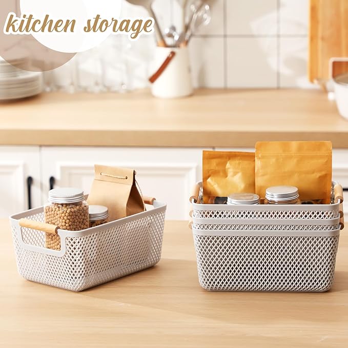 4 Pcs Plastic Mesh Baskets with Handles - Mesh Storage Organizer Bin Container Baskets for Home Organizing Pantry Closet Cabinet Kitchen Fridge Fruit Snacks Gifts, Grey(Medium)