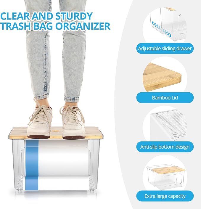 Trash Bag Dispenser Roll Holder - Clear Garbage Bag Holder Dispenser with Bamboo Lid and Sliding Drawer Box, Trash Bag Holder for Kitchen, Under Sink, Laundry Room Organization and Storage-NeatNest
