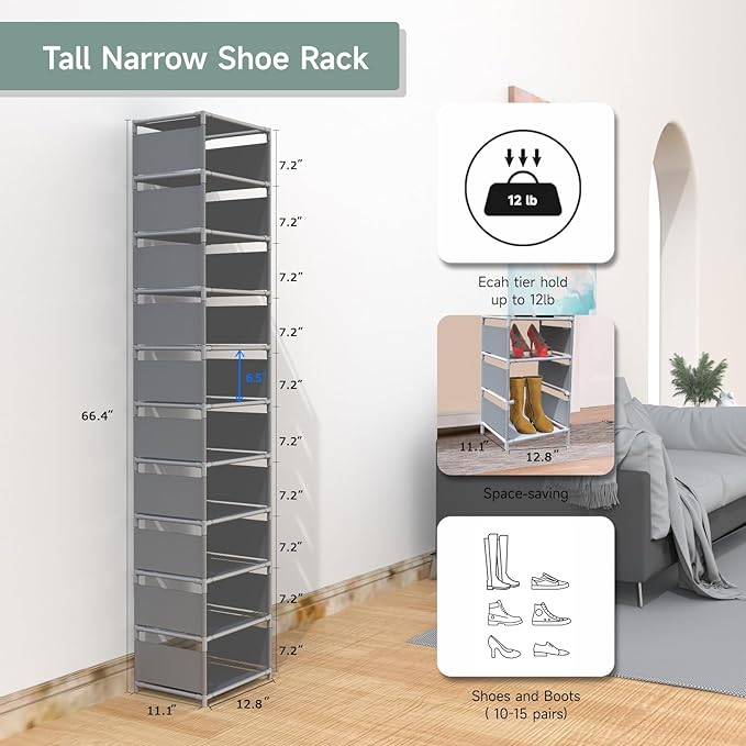 Vertical Shoe Rack, 10 Tier Grey Narrow Shoe Organizer for Closet Entryway, Tall Slim Shoe Tower for Small Spaces, Space Saving Corner Shoe Shelf-NeatNest