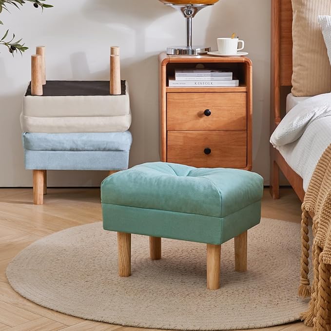 YMYNY 15.75" Small Footstool Ottoman, Footrest with Sponge Padded Seat, Step Stool for Sofa, Bedroom, Living Room, Entryway, Modern Change Shoes Stool, Wood Legs, Greenish Blue, UHBD023T