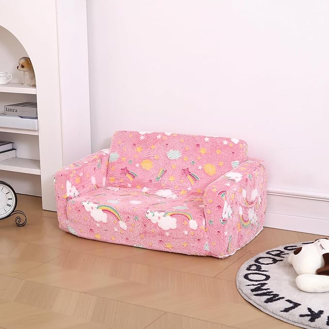 Foldable Kids Sofa Extra Wide for 2 Seats, Soft Kids Fold Out Couch Glow in The Dark,Convertible Sofa to Lounger Toddler Sofa Chair(Rainbow)-NeatNest